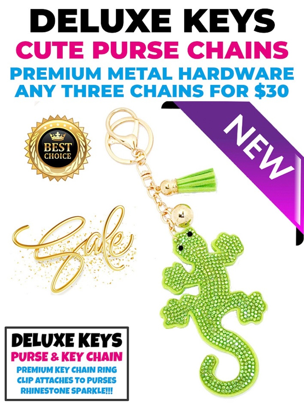 DeLuxe Keys Rhinestone Keychain/Purse Chain GREEN GECKO
